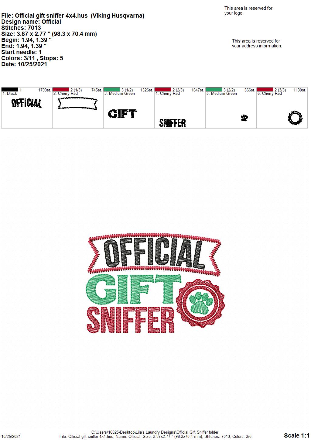 Official Gift Sniffer - 4 sizes- Digital Embroidery Design