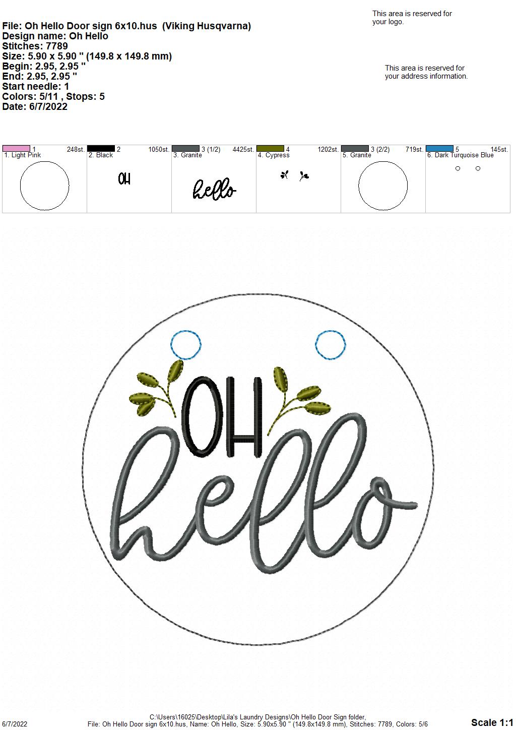 Oh Hello Door Sign - 3 sizes - Digital Embroidery Design