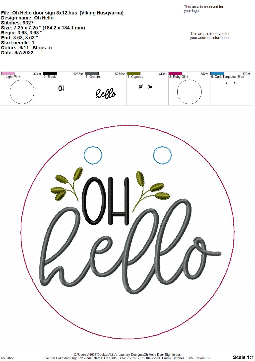 Oh Hello Door Sign - 3 sizes - Digital Embroidery Design