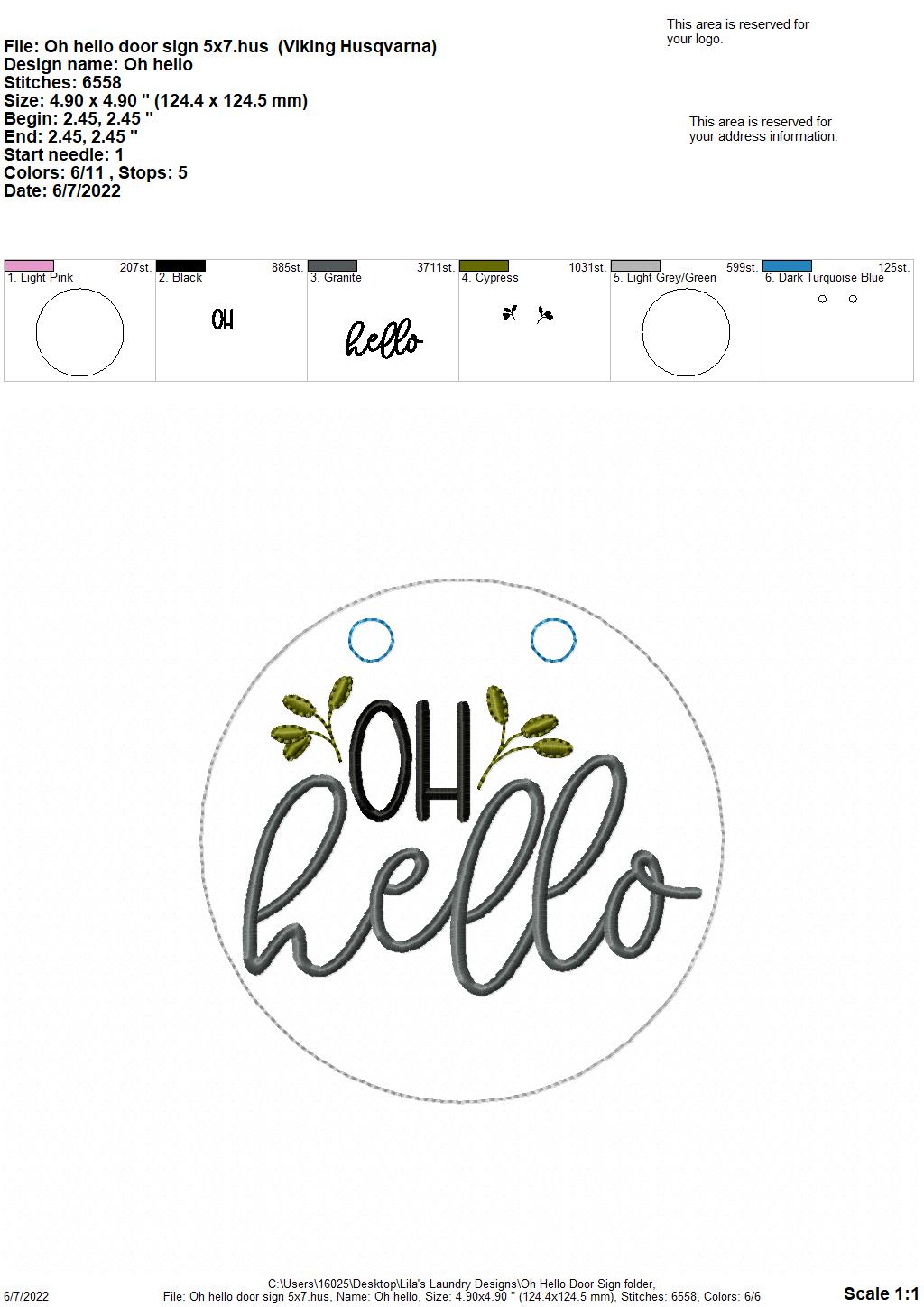 Oh Hello Door Sign - 3 sizes - Digital Embroidery Design
