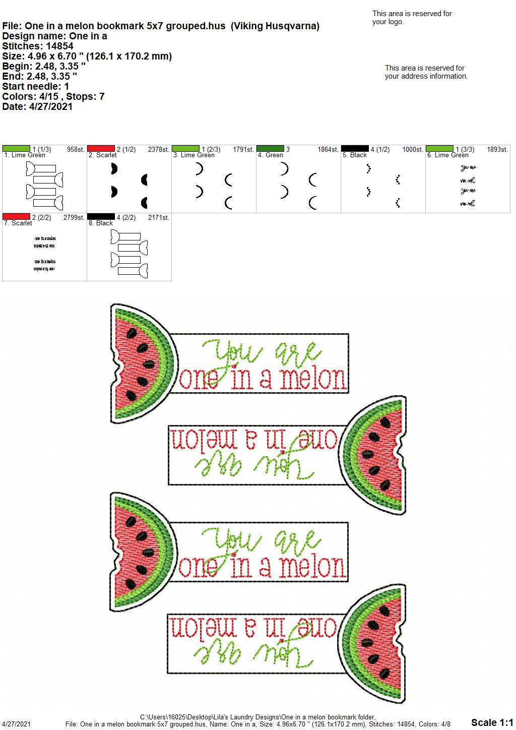 One in a Melon Bookmark 4x4 and 5x7 Grouped - Digital Embroidery Design