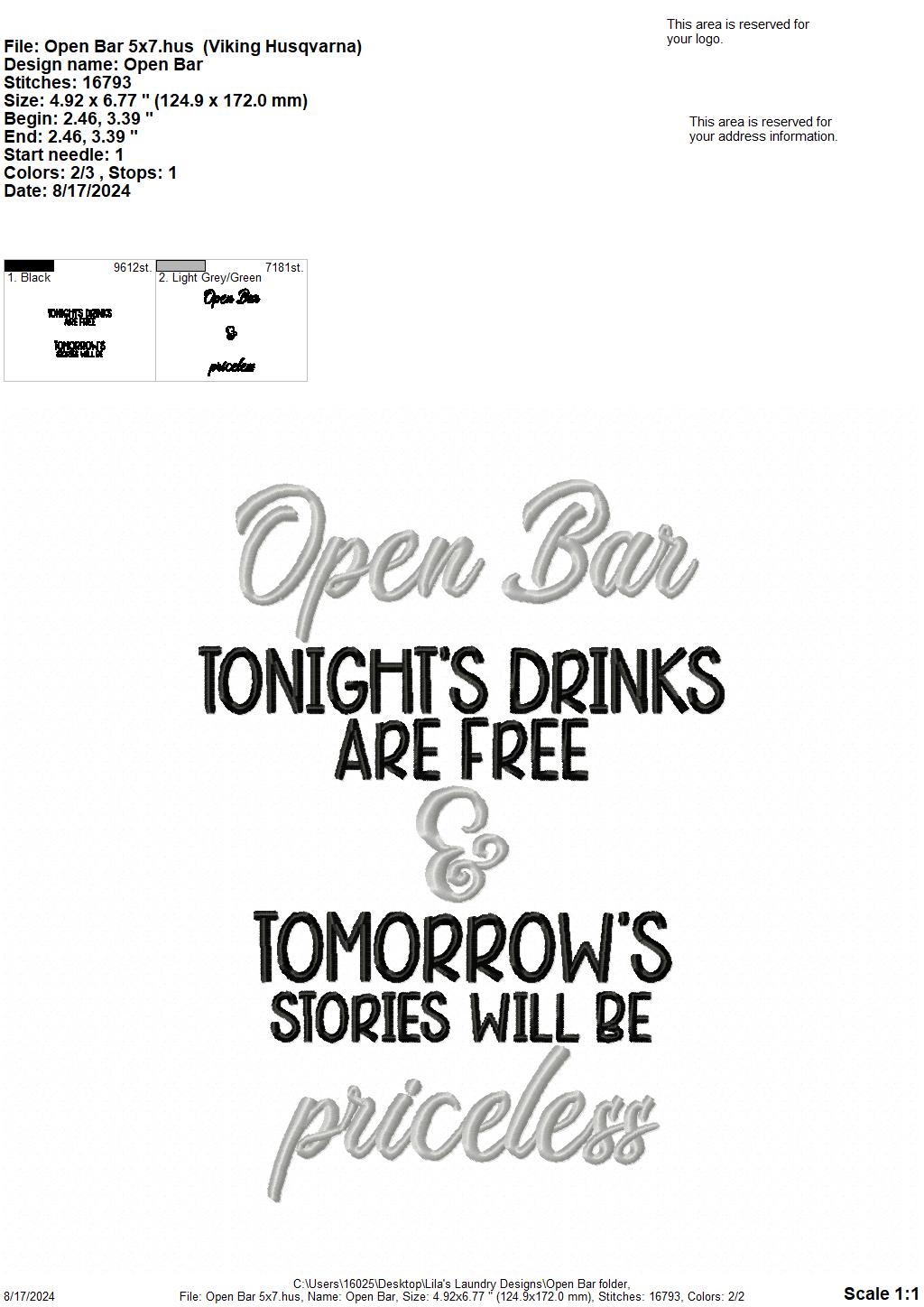 Open Bar - 3 Sizes - Digital Embroidery Design