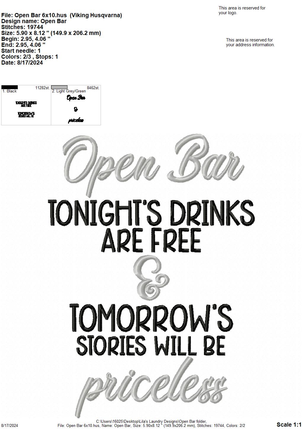 Open Bar - 3 Sizes - Digital Embroidery Design