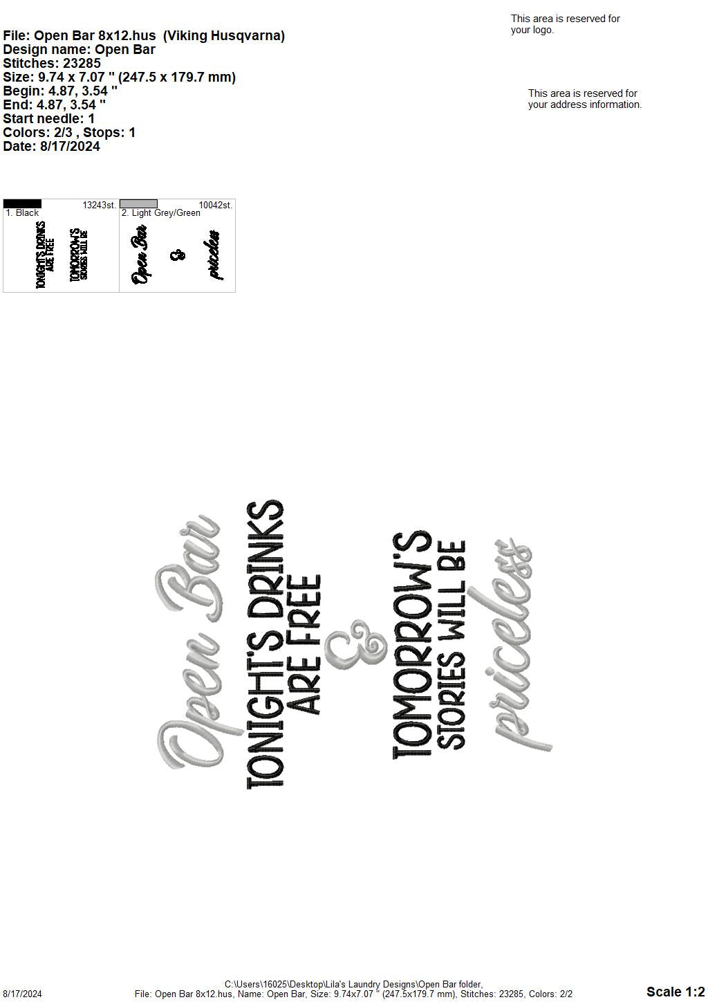 Open Bar - 3 Sizes - Digital Embroidery Design