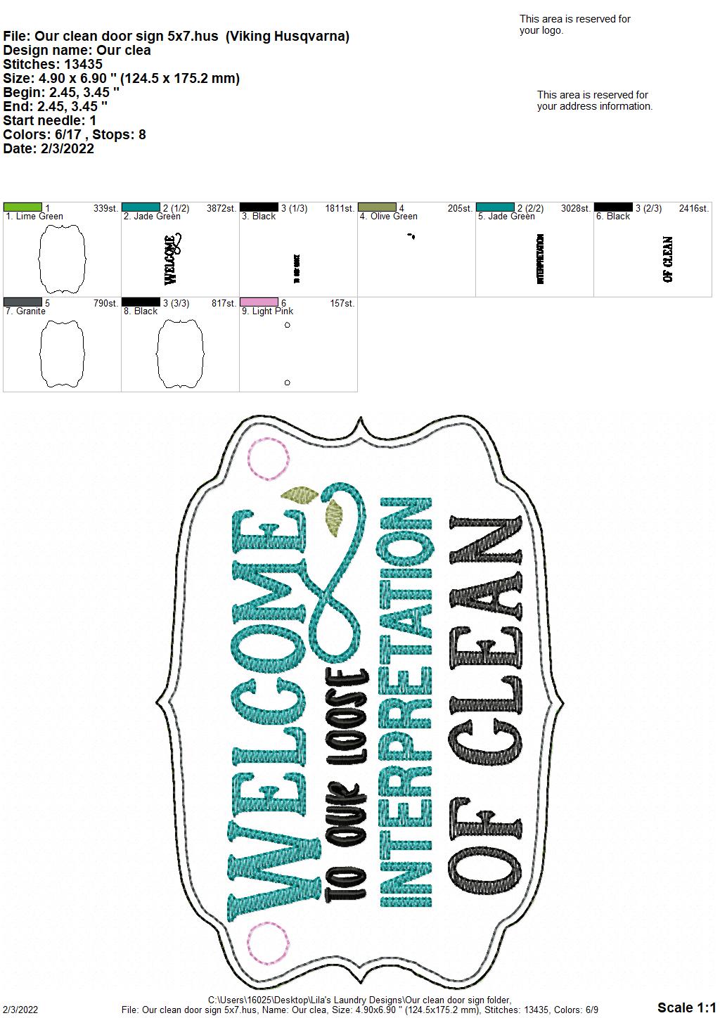 Our Clean Door Sign - 3 sizes - Digital Embroidery Design