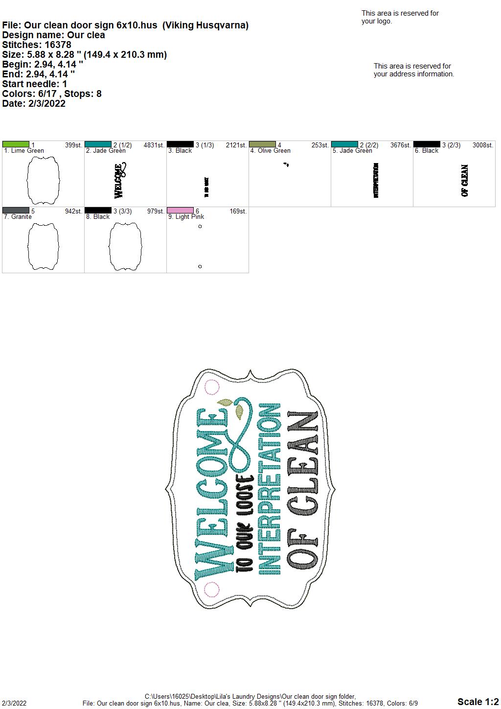 Our Clean Door Sign - 3 sizes - Digital Embroidery Design