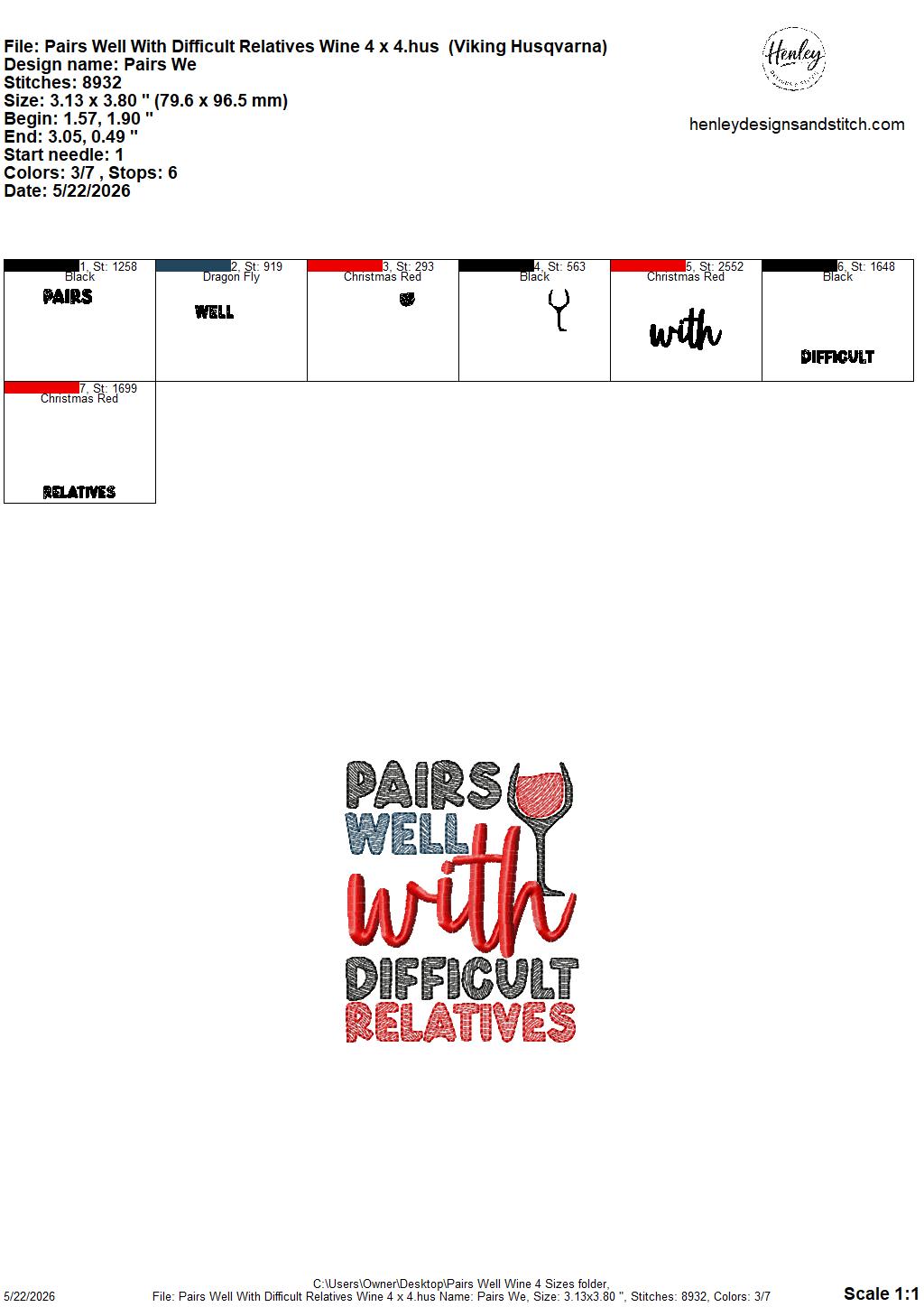 Sketch Pairs Well With Difficult Relatives - Wine - 4 x 4, 5 x 7, 6 x 10 and 8 x 12 - DIGITAL Embroidery Design