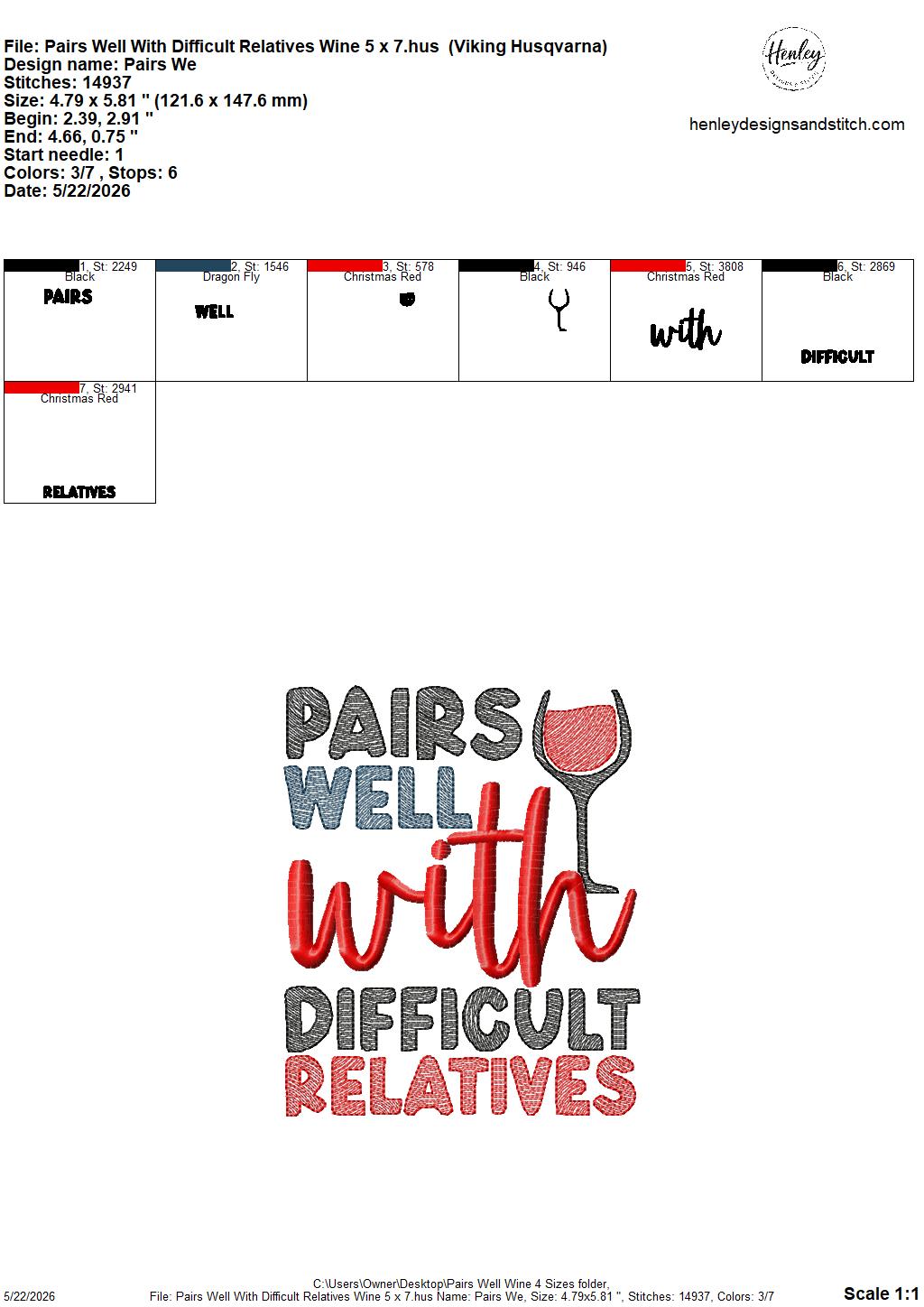 Sketch Pairs Well With Difficult Relatives - Wine - 4 x 4, 5 x 7, 6 x 10 and 8 x 12 - DIGITAL Embroidery Design