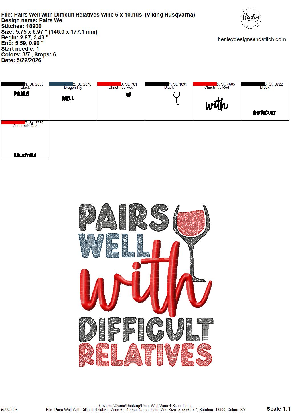 Sketch Pairs Well With Difficult Relatives - Wine - 4 x 4, 5 x 7, 6 x 10 and 8 x 12 - DIGITAL Embroidery Design