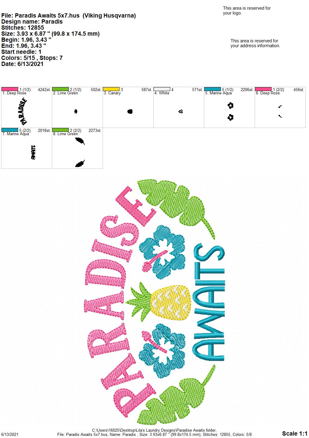 Paradise Awaits - 3 sizes- Digital Embroidery Design