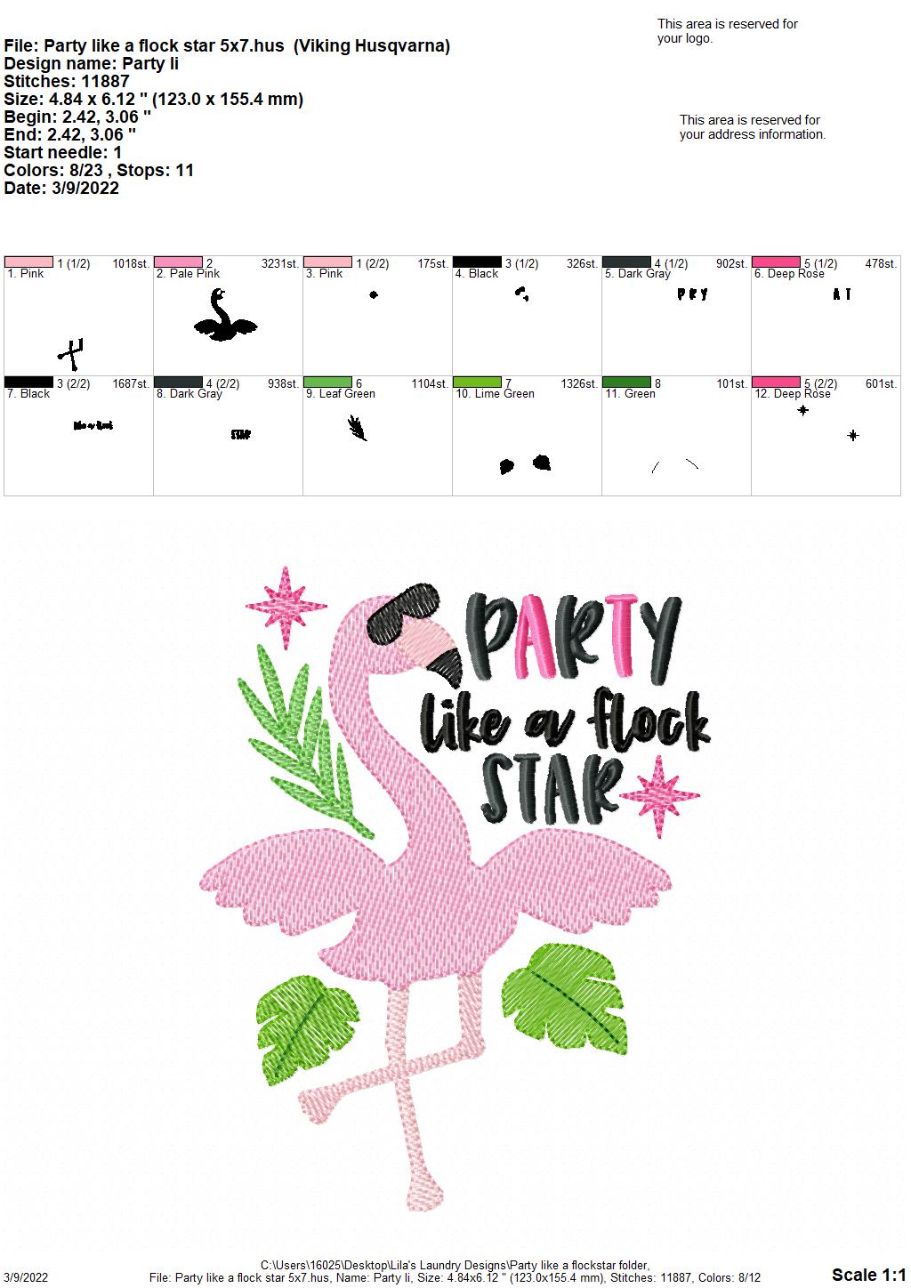Party Like a Flock Star- 3 sizes- Digital Embroidery Design