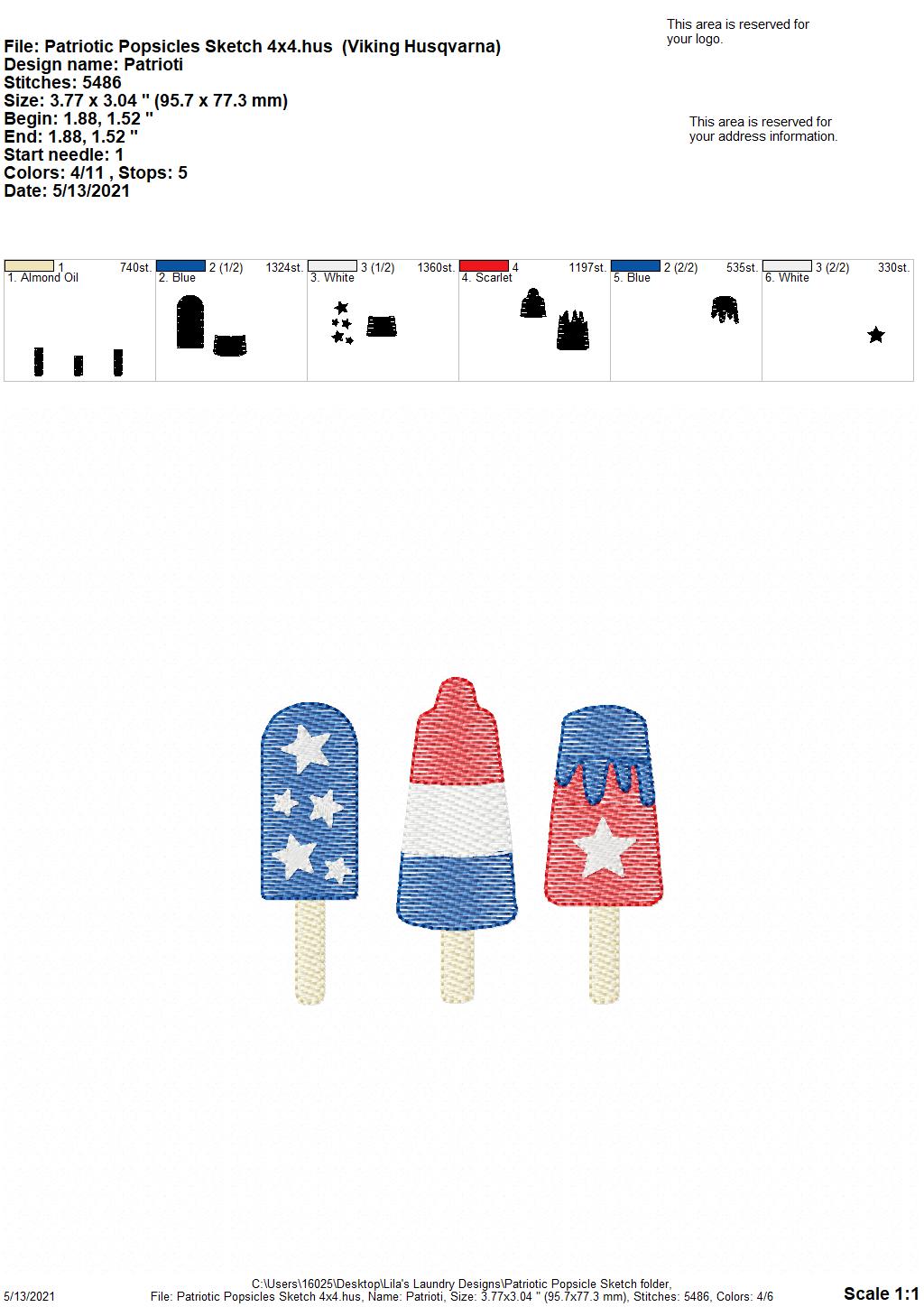 Patriotic Popsicle Sketch - 4 sizes- Digital Embroidery Design
