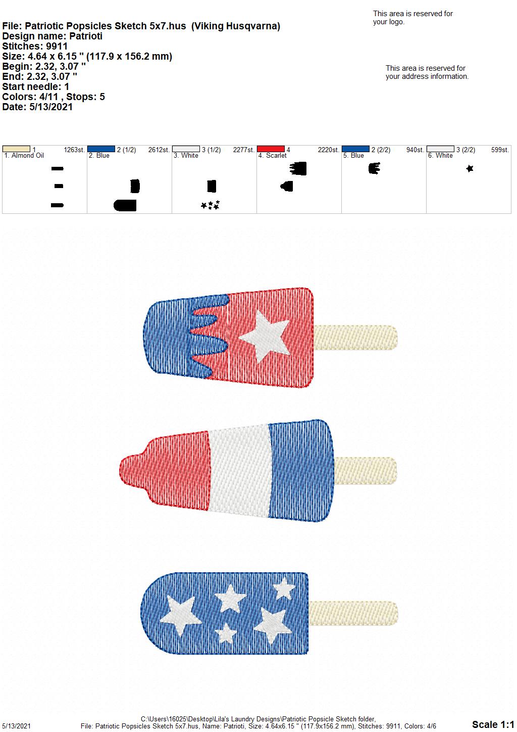 Patriotic Popsicle Sketch - 4 sizes- Digital Embroidery Design