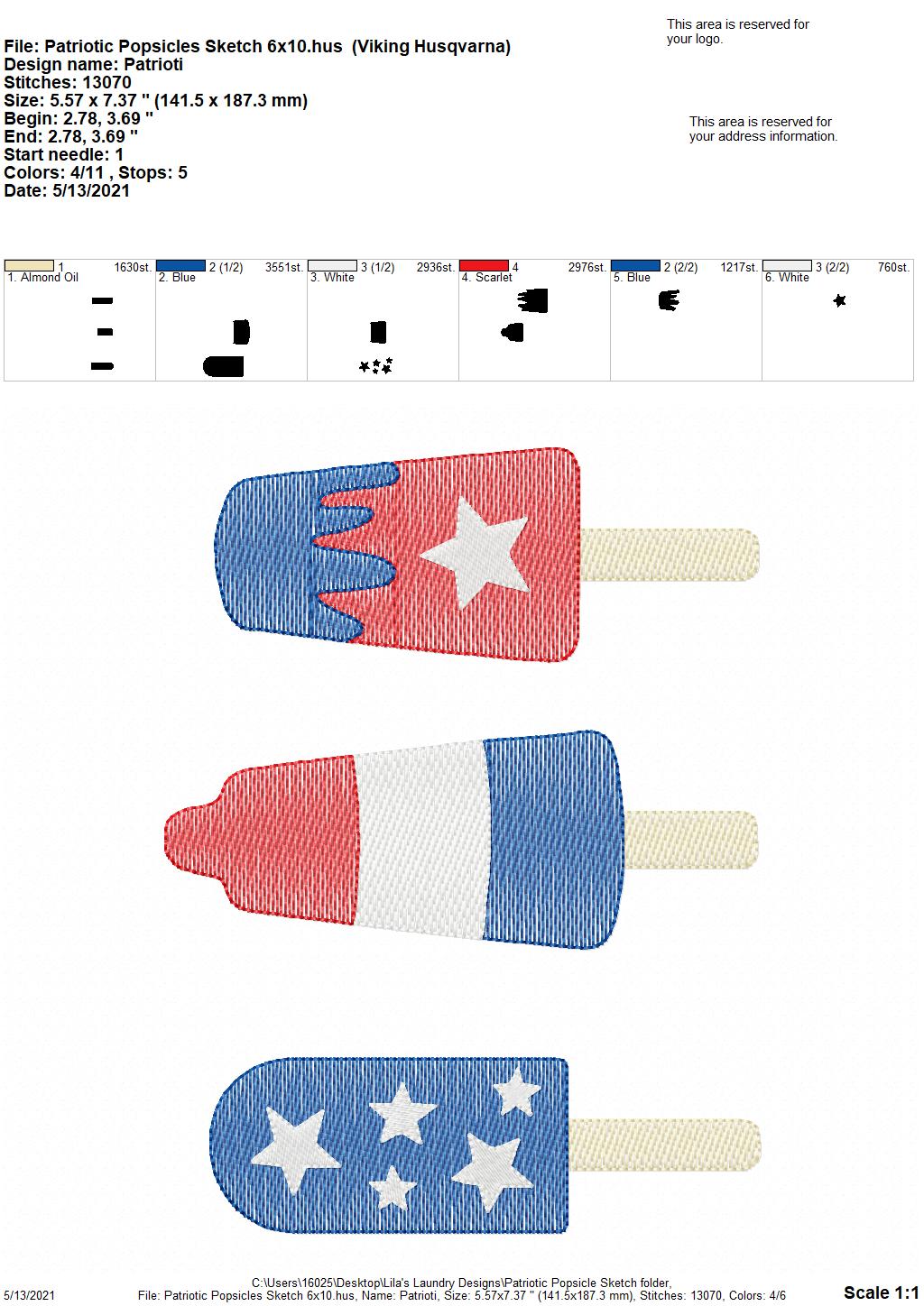 Patriotic Popsicle Sketch - 4 sizes- Digital Embroidery Design
