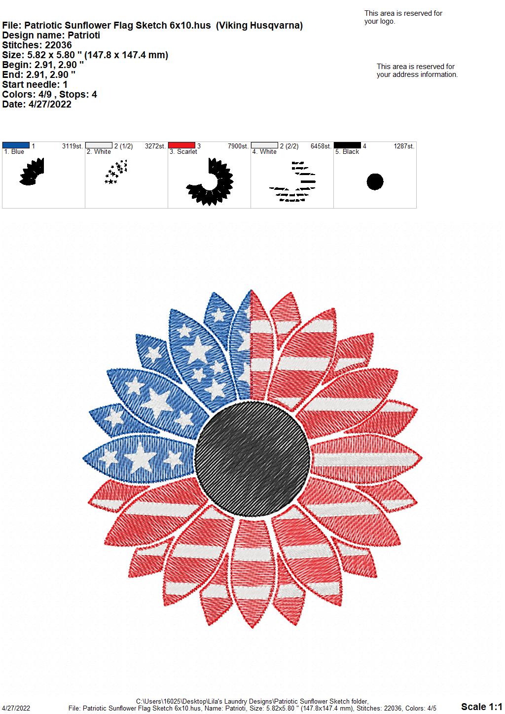 Patriotic Sunflower Flag Sketch - 3 sizes- Digital Embroidery Design