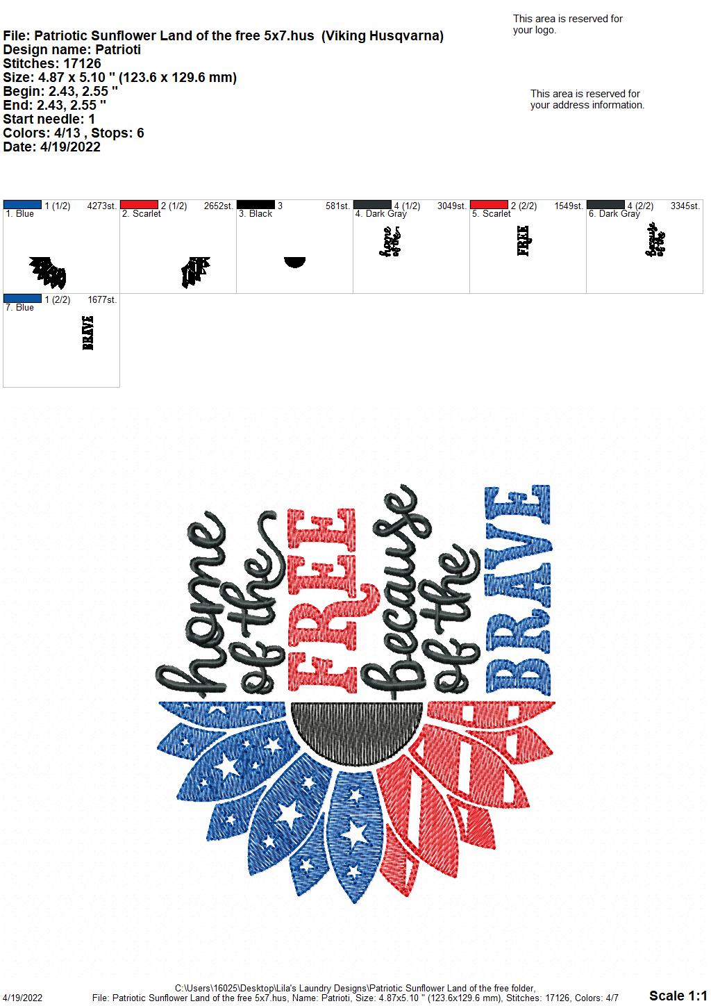 Patriotic Sunflower Land of the Free - 3 sizes- Digital Embroidery Design