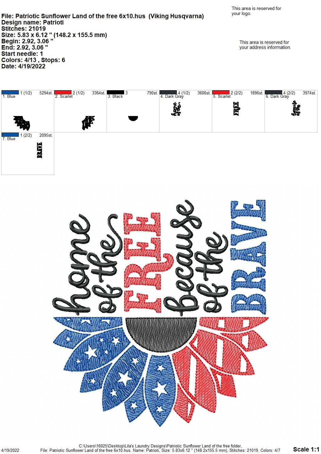 Patriotic Sunflower Land of the Free - 3 sizes- Digital Embroidery Design