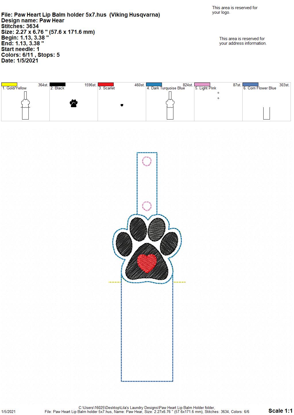 Paw Heart Lip Balm Holders 5x7 - DIGITAL Embroidery DESIGN