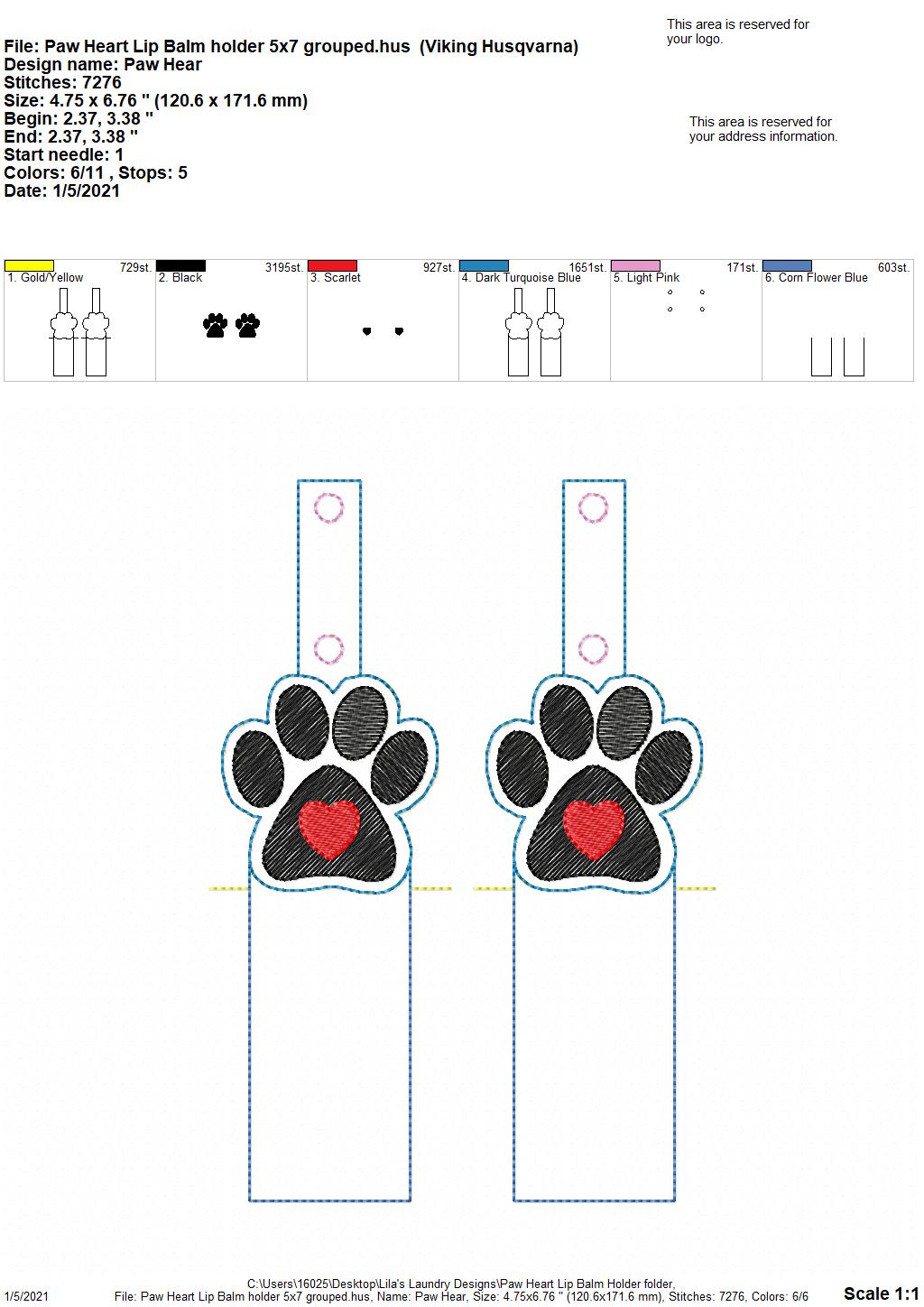Paw Heart Lip Balm Holders 5x7 - DIGITAL Embroidery DESIGN