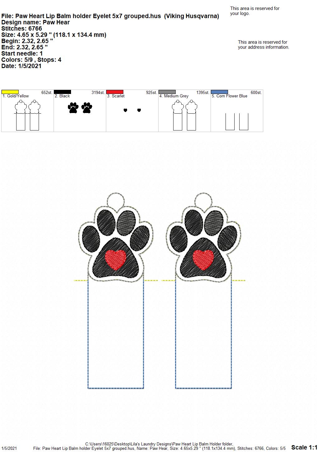 Paw Heart Lip Balm Holders 5x7 - DIGITAL Embroidery DESIGN