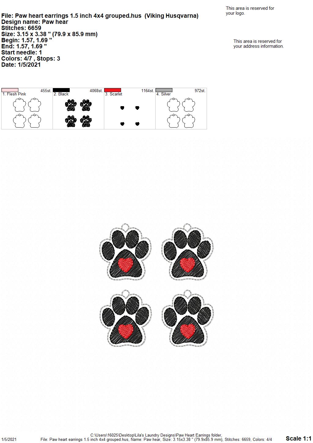 Paw Heart Earrings - 2 sizes - 4x4 and 5x7 Grouped- Digital Embroidery Design