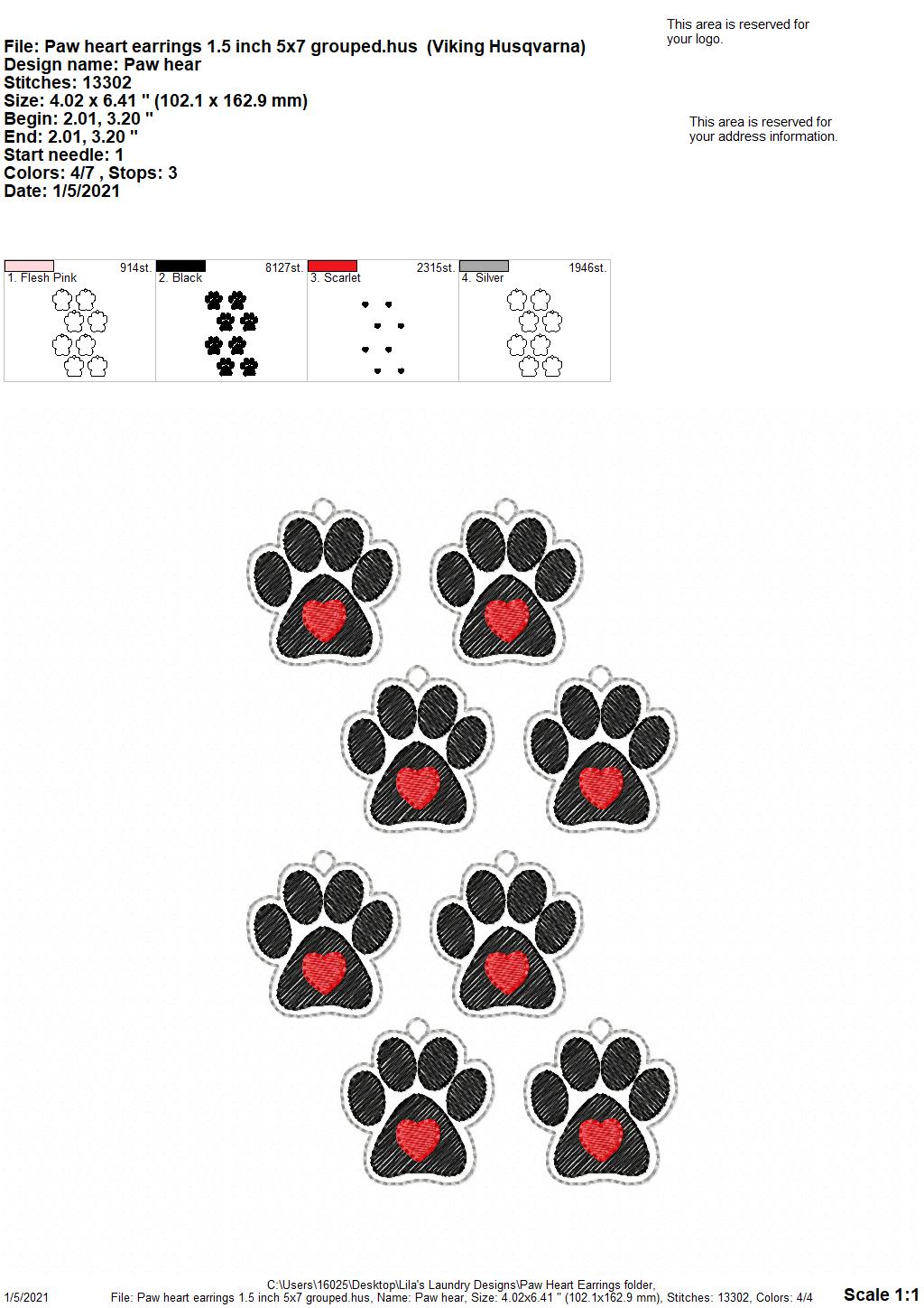Paw Heart Earrings - 2 sizes - 4x4 and 5x7 Grouped- Digital Embroidery Design