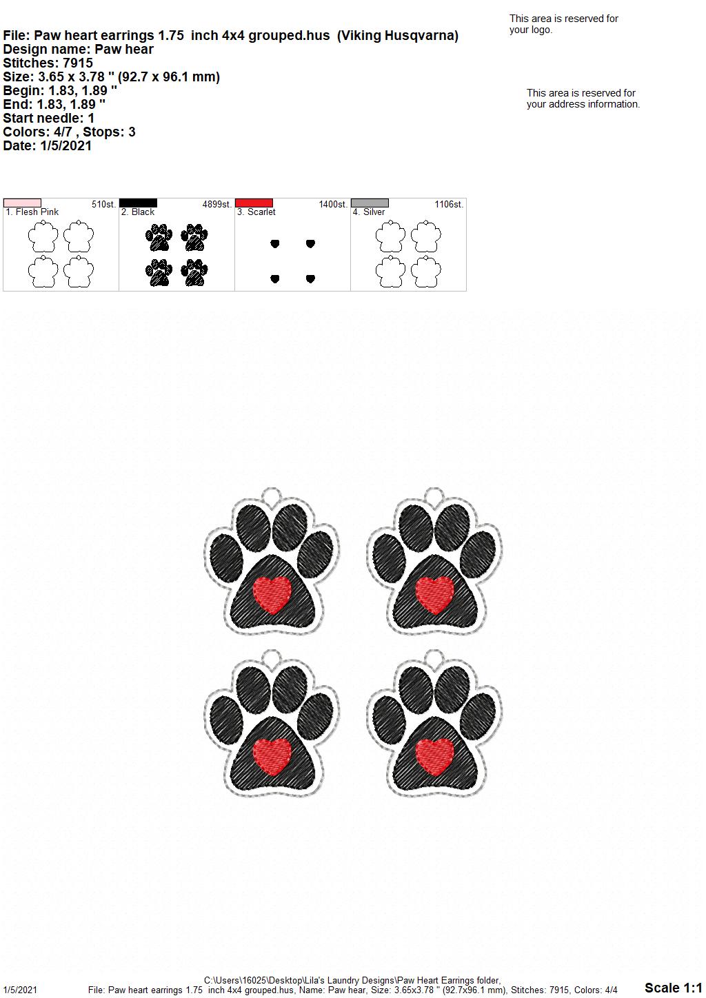 Paw Heart Earrings - 2 sizes - 4x4 and 5x7 Grouped- Digital Embroidery Design