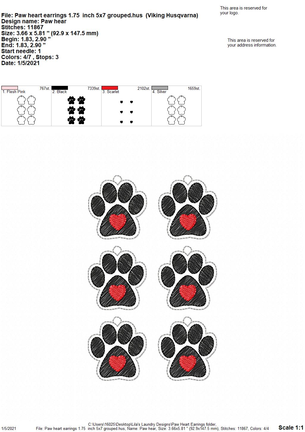 Paw Heart Earrings - 2 sizes - 4x4 and 5x7 Grouped- Digital Embroidery Design