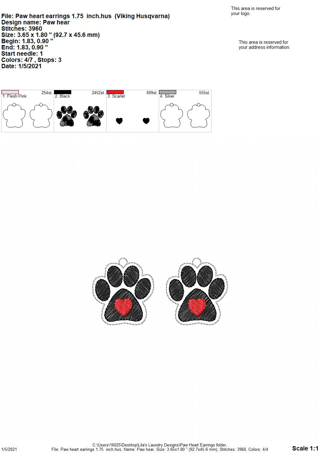 Paw Heart Earrings - 2 sizes - 4x4 and 5x7 Grouped- Digital Embroidery Design