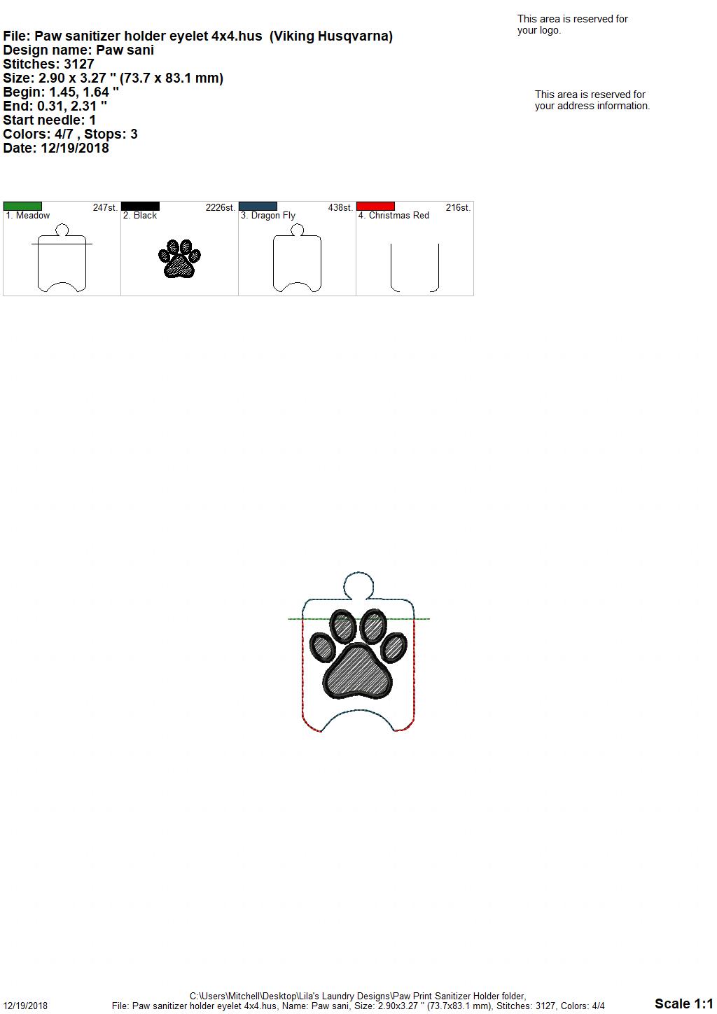 Paw Print Sanitizer Holder 4x4 and 5x7 included- Embroidery Design - DIGITAL Embroidery DESIGN