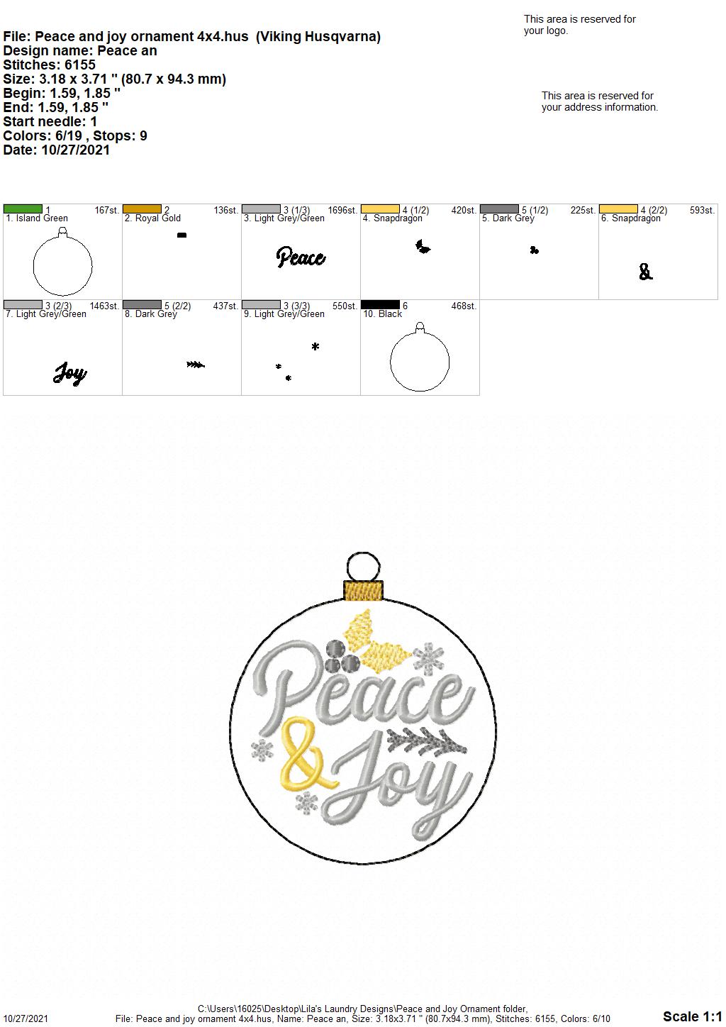 Peace & Joy Ornament - Digital Embroidery Design