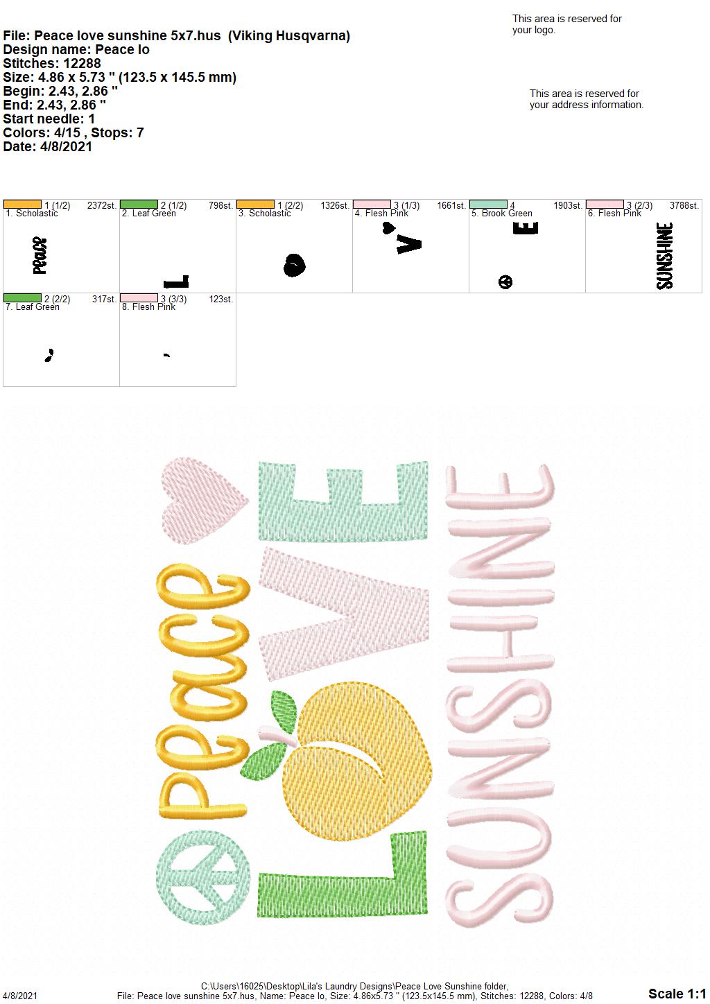 Peace Love Sunshine - 3 sizes- Digital Embroidery Design