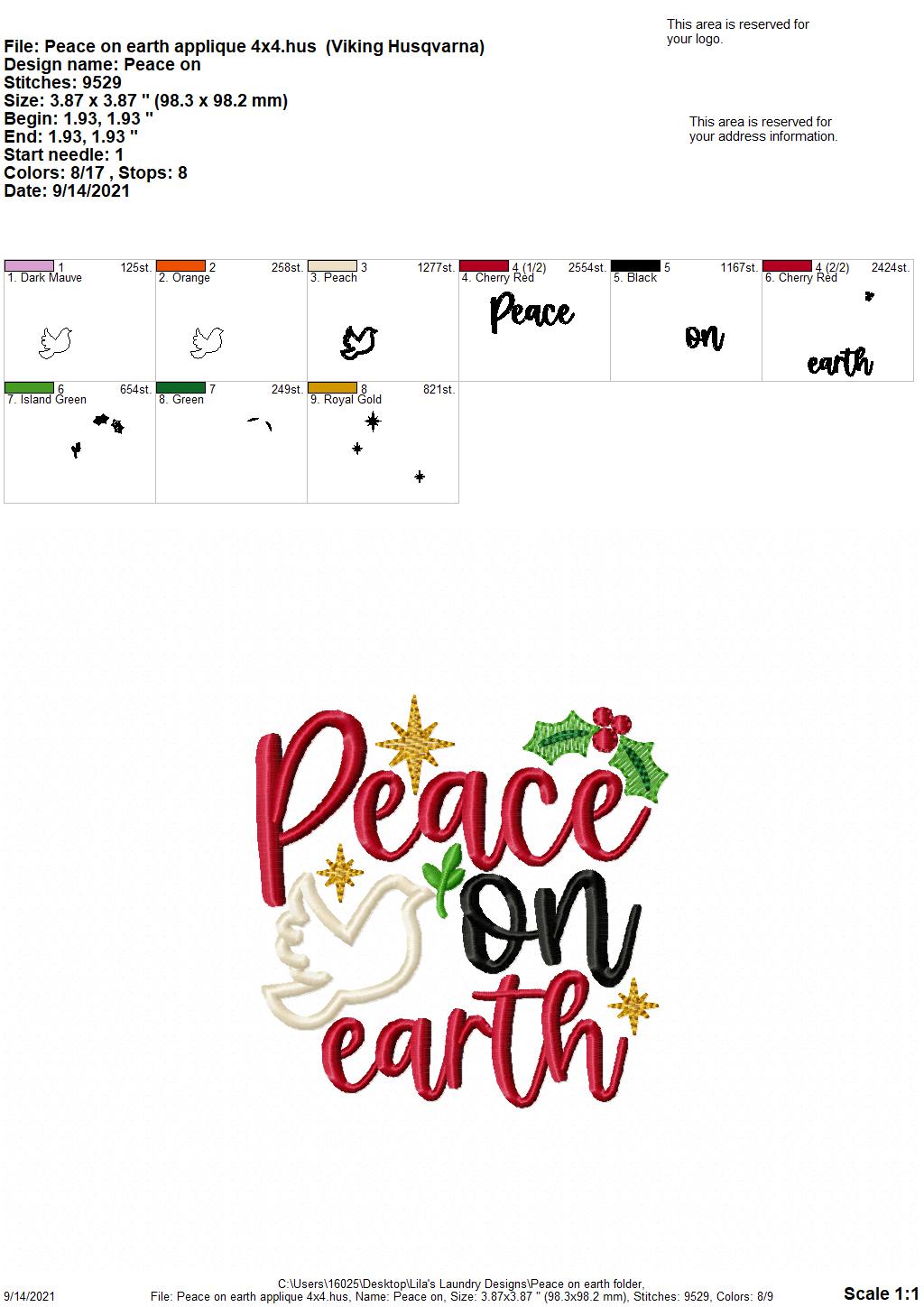 Peace on Earth - 4 sizes- Digital Embroidery Design