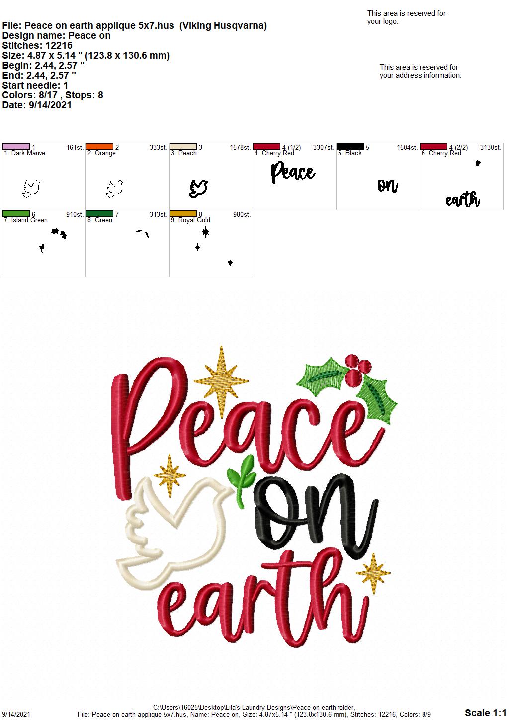 Peace on Earth - 4 sizes- Digital Embroidery Design