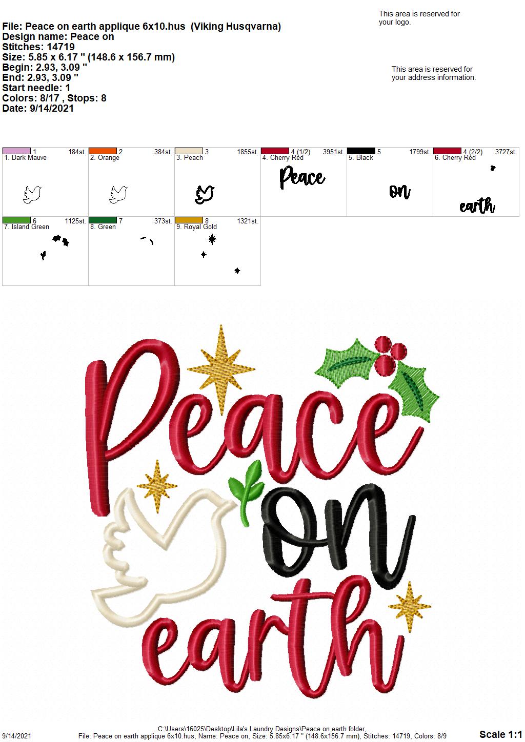 Peace on Earth - 4 sizes- Digital Embroidery Design