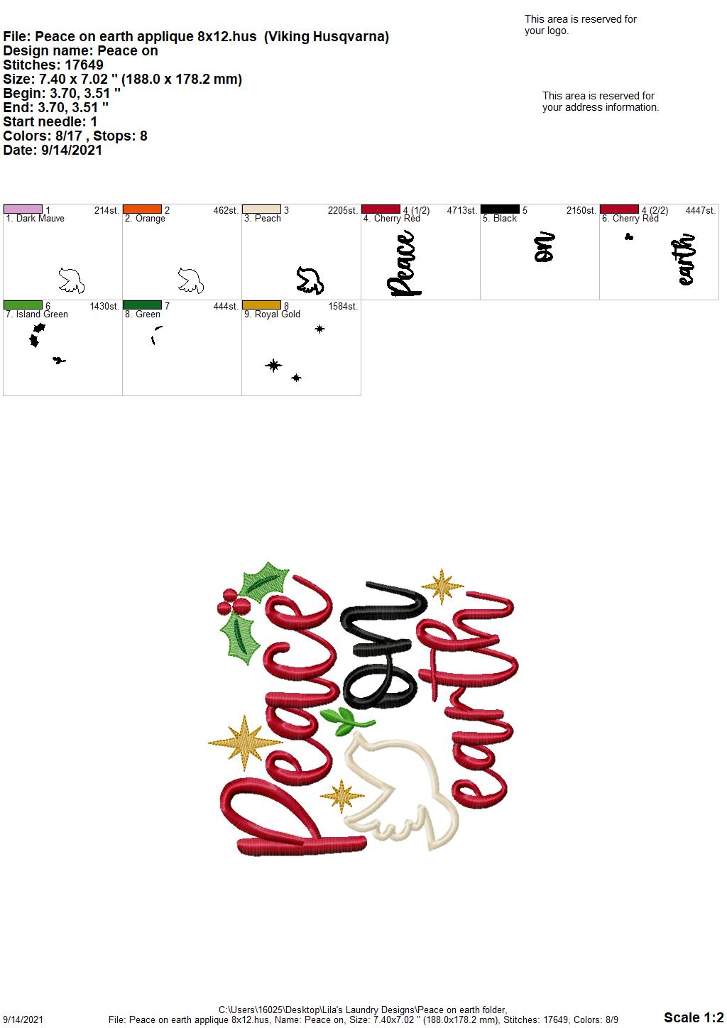 Peace on Earth - 4 sizes- Digital Embroidery Design