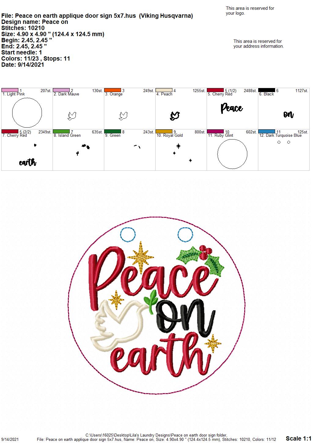 Peace on Earth Door Sign - 3 sizes - Digital Embroidery Design