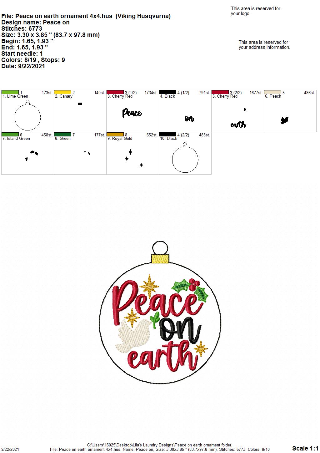 Peace on Earth Ornament - Digital Embroidery Design