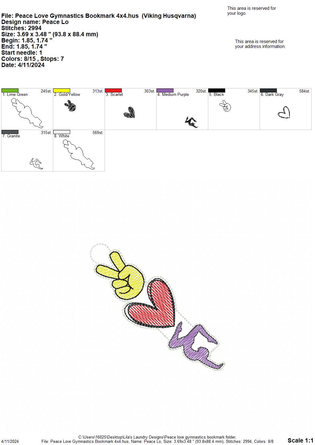 Peace Love Gymnastics Bookmark - Digital Embroidery Design