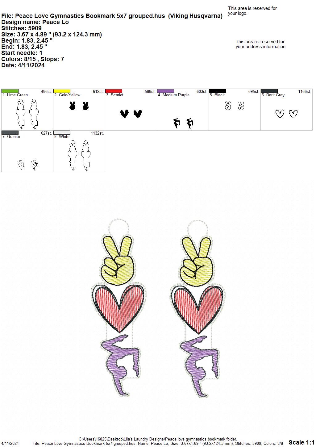 Peace Love Gymnastics Bookmark - Digital Embroidery Design