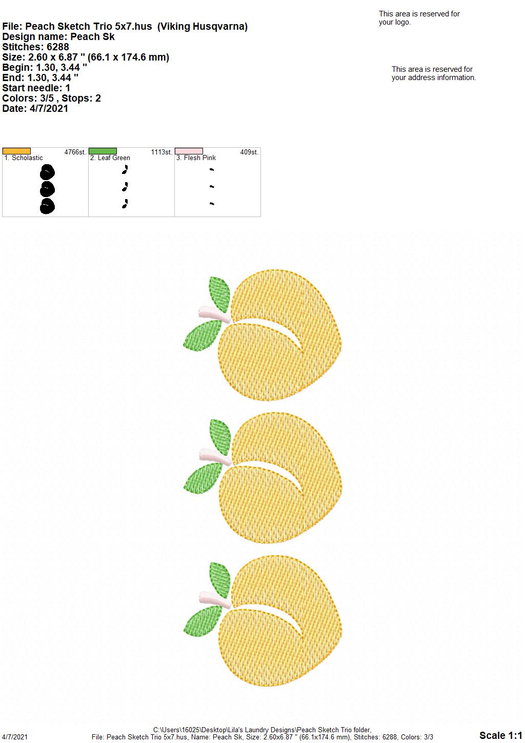 Peach Sketch Trio - 3 sizes- Digital Embroidery Design