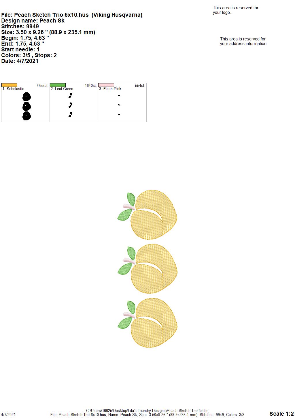 Peach Sketch Trio - 3 sizes- Digital Embroidery Design