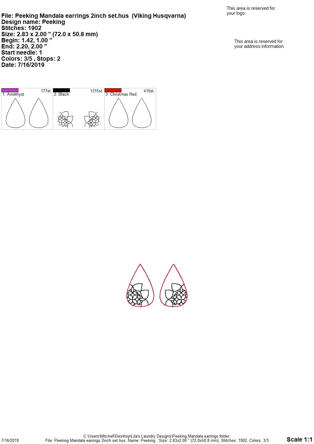 Peeking Mandala Earrings - 3 sizes - Digital Embroidery Design