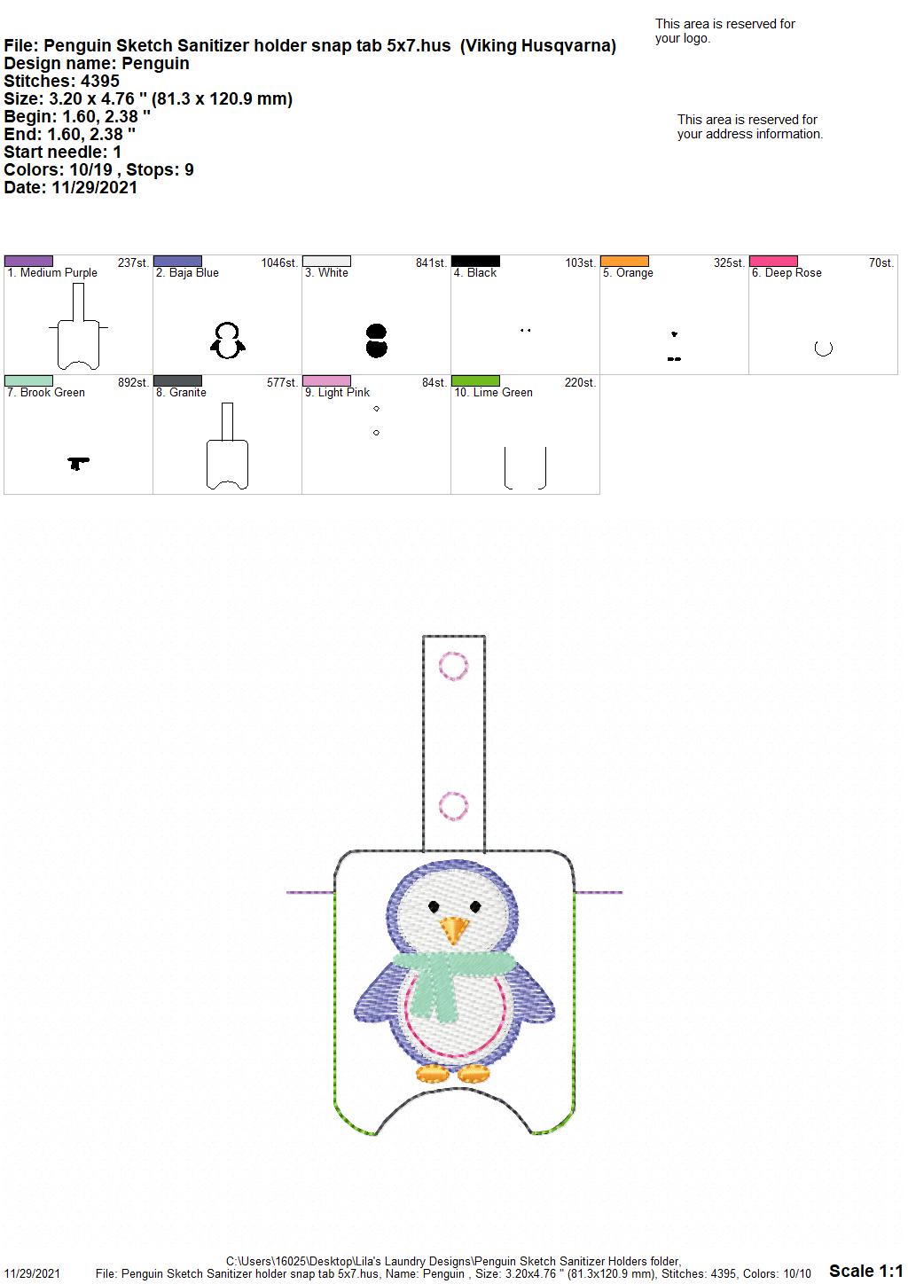 Penguin Sketch Sanitizer Holders - DIGITAL Embroidery DESIGN