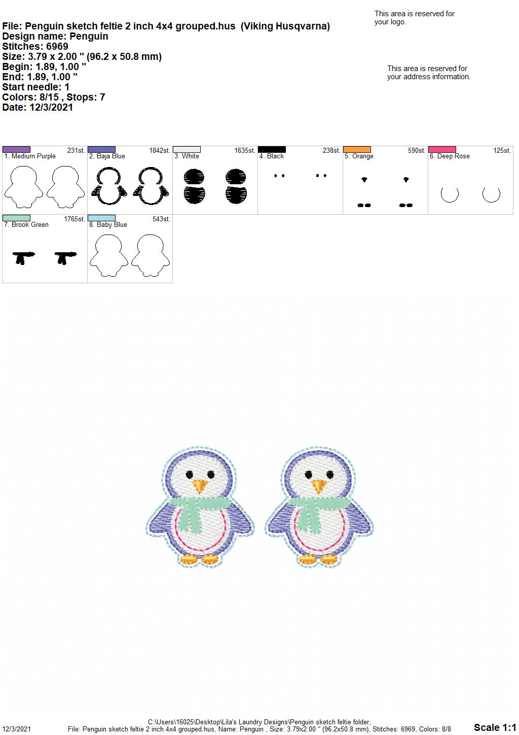 Penguin Sketch Feltie - Digital Embroidery Design