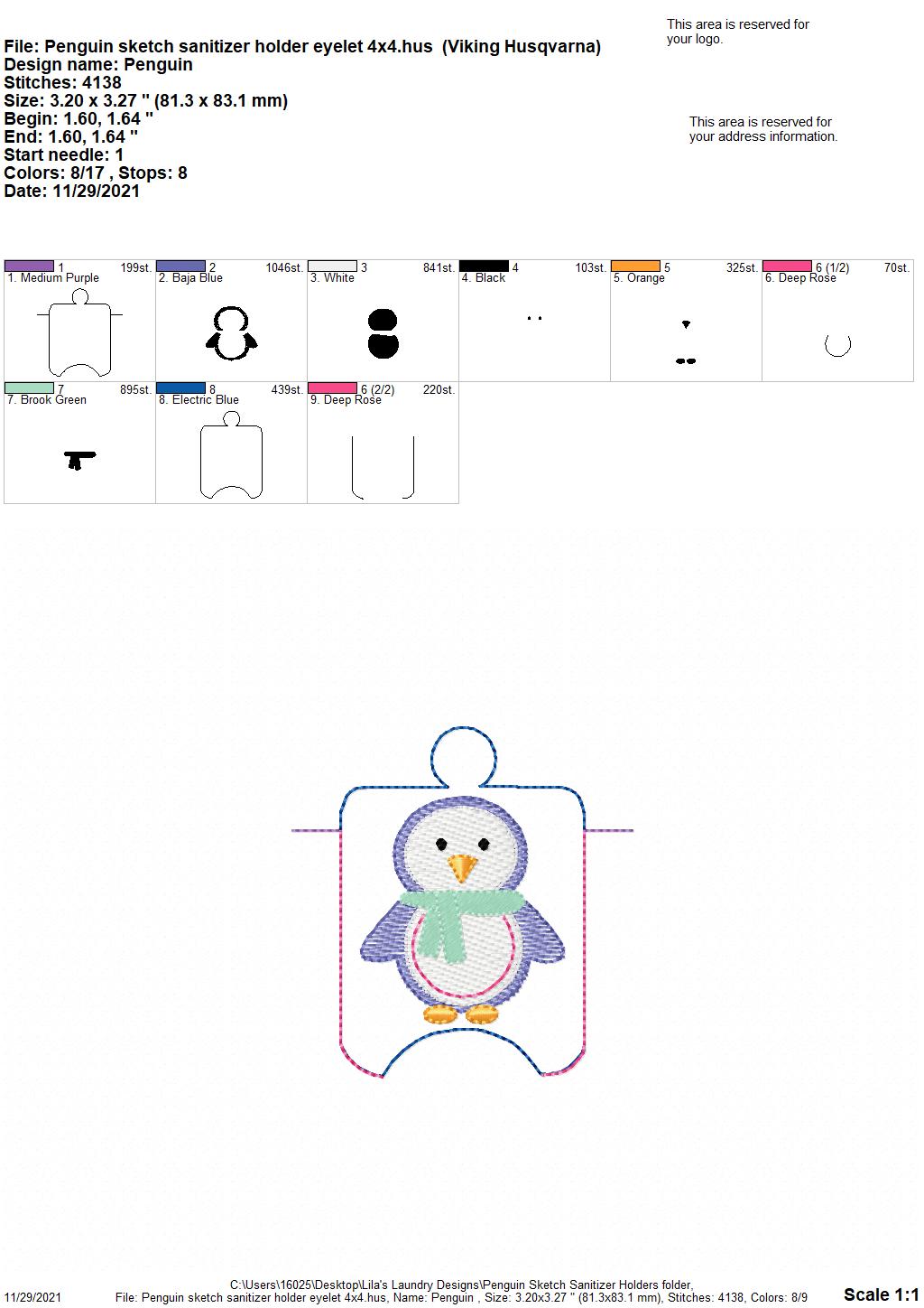 Penguin Sketch Sanitizer Holders - DIGITAL Embroidery DESIGN