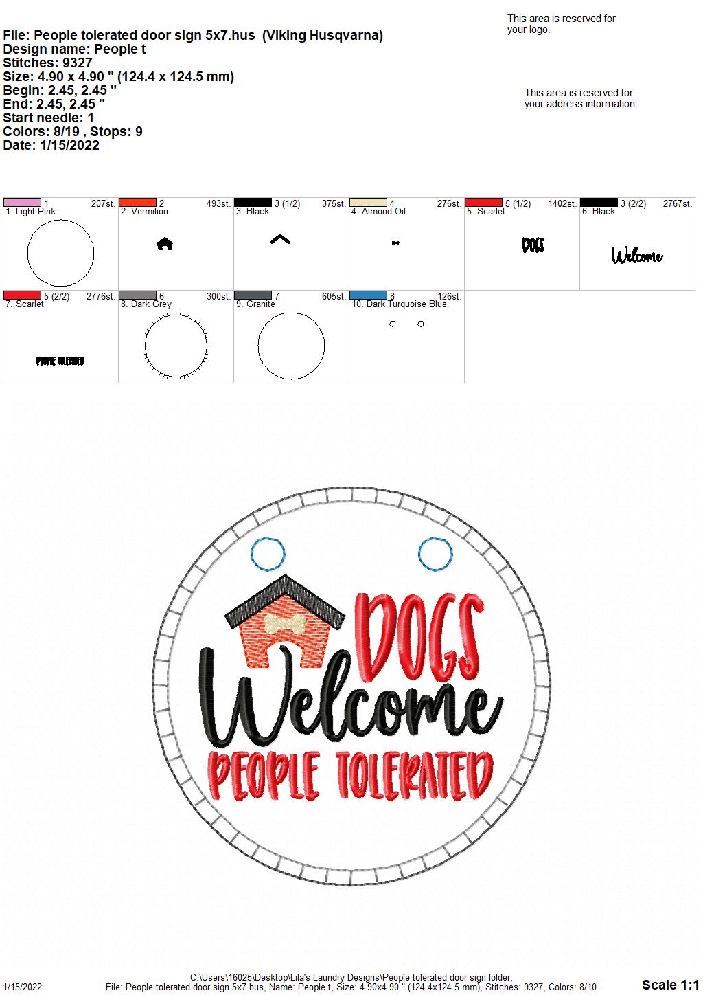 People Tolerated Door Sign - 3 sizes - Digital Embroidery Design
