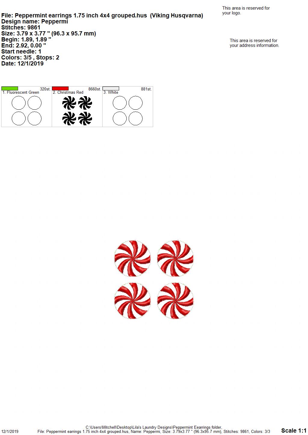 Peppermint Earrings - 2 sizes - Digital Embroidery Design