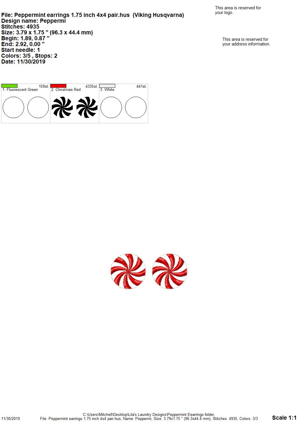 Peppermint Earrings - 2 sizes - Digital Embroidery Design