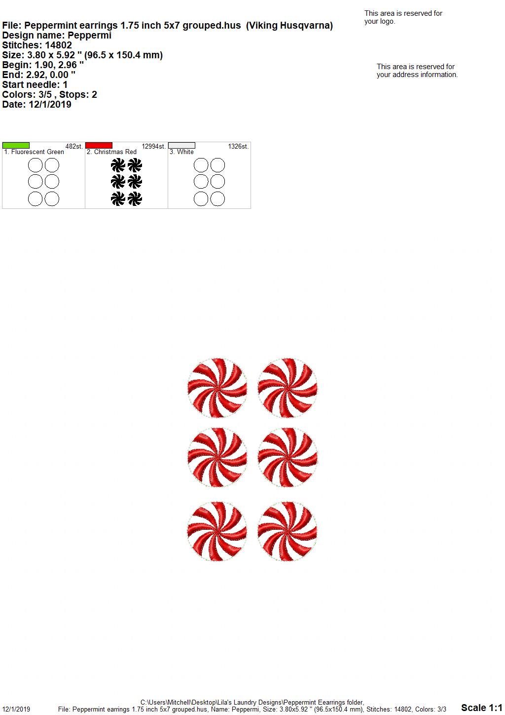 Peppermint Earrings - 2 sizes - Digital Embroidery Design